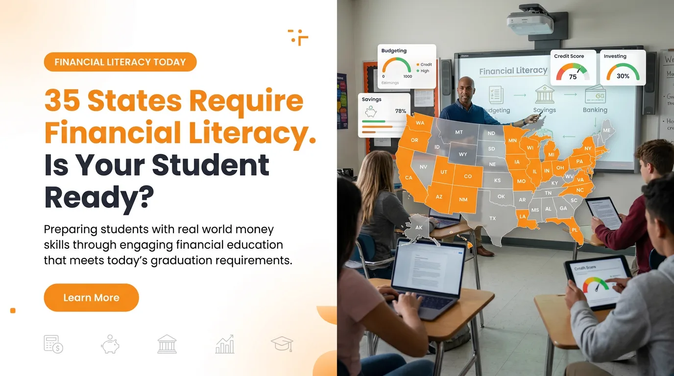 A teacher points to a U.S. map highlighting the 35 states that require financial literacy, with budgeting, credit score, savings, and investing dashboards, as students follow along on laptops.