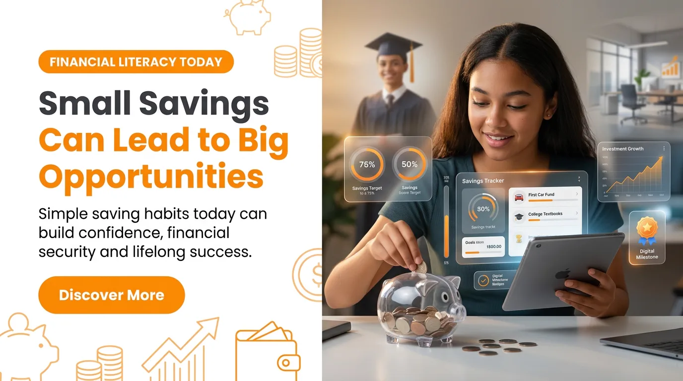 A student drops a coin into a clear piggy bank while a tablet shows a savings tracker with goals for a first car fund and college textbooks, a graduate pictured in the background.