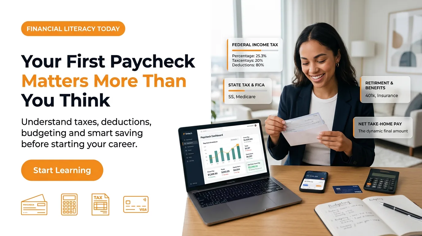 A young professional reviews her first paycheck beside a laptop paycheck dashboard breaking down federal income tax, state tax and FICA, retirement and benefits, and net take-home pay.